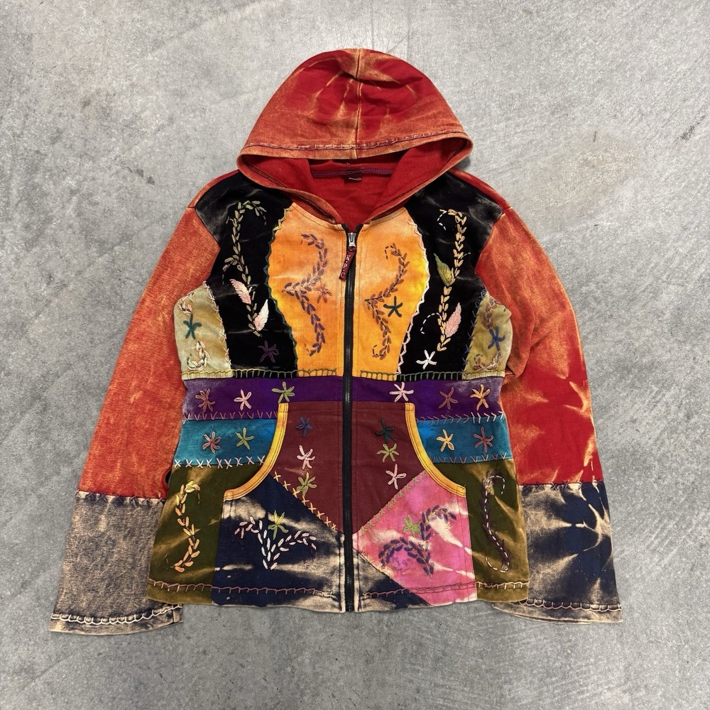 Vintage Nepal Patchwork Multicolor Zip Hoodie Jacket Drip Boho Indie XL